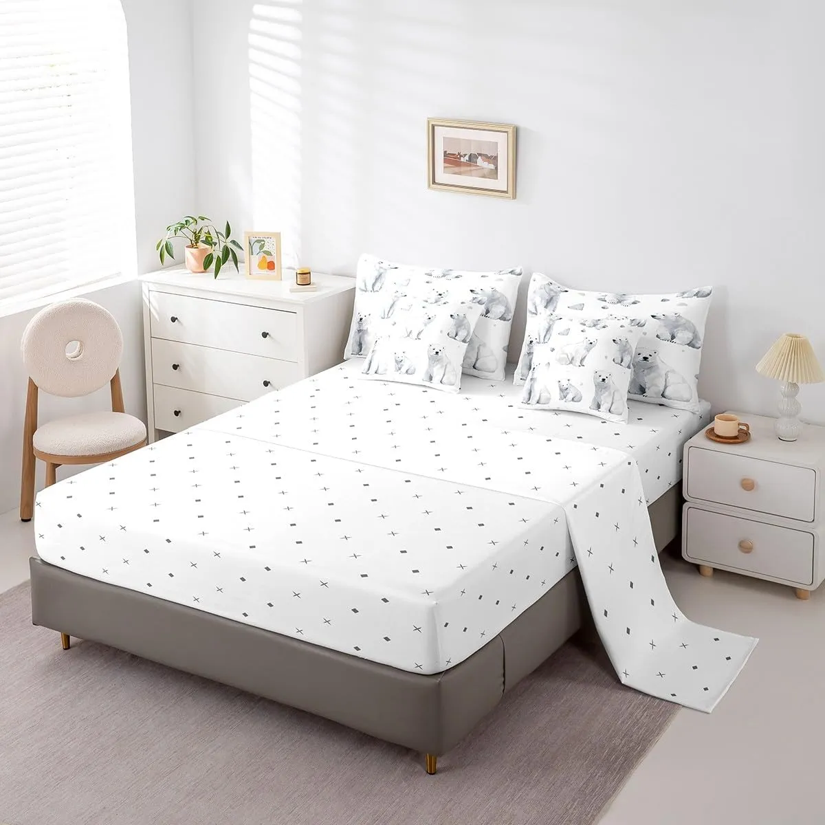 Feelyou Kids Polar Bear Comforter Set King Size 7 Pieces Boys Girls Arctic Animal Bear Bed in a Bag for Room Cute Wildlife Bedding Set Winter Bed Set with Comforter Sheets Pillowcases Pillow Cover