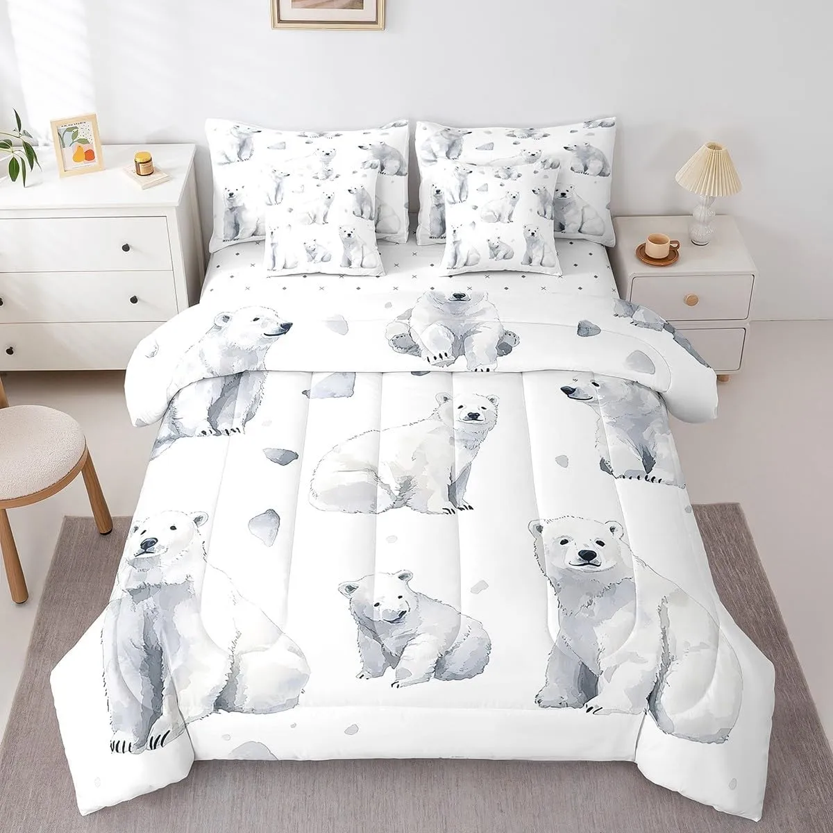 Feelyou Kids Polar Bear Comforter Set King Size 7 Pieces Boys Girls Arctic Animal Bear Bed in a Bag for Room Cute Wildlife Bedding Set Winter Bed Set with Comforter Sheets Pillowcases Pillow Cover