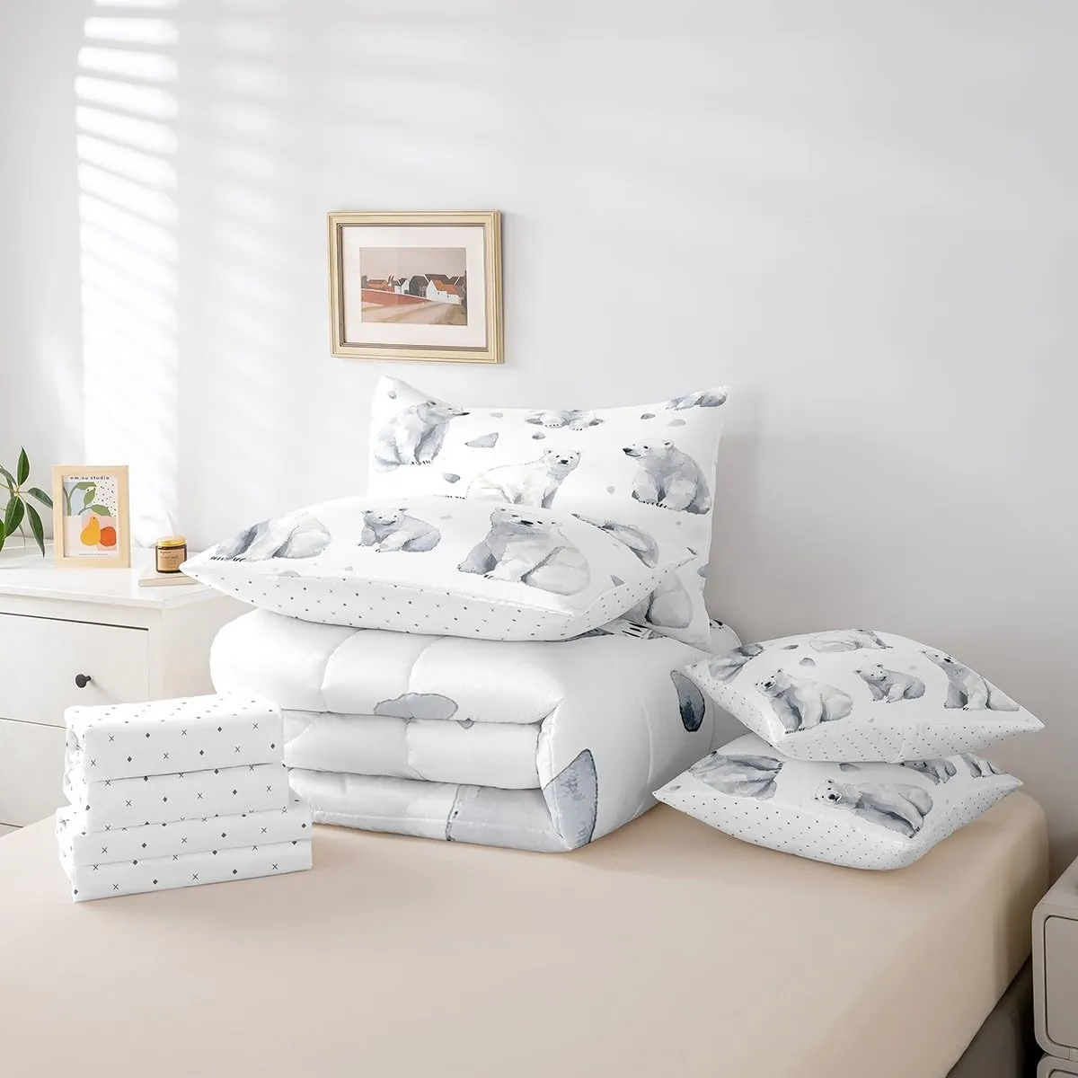 Feelyou Kids Polar Bear Comforter Set King Size 7 Pieces Boys Girls Arctic Animal Bear Bed in a Bag for Room Cute Wildlife Bedding Set Winter Bed Set with Comforter Sheets Pillowcases Pillow Cover