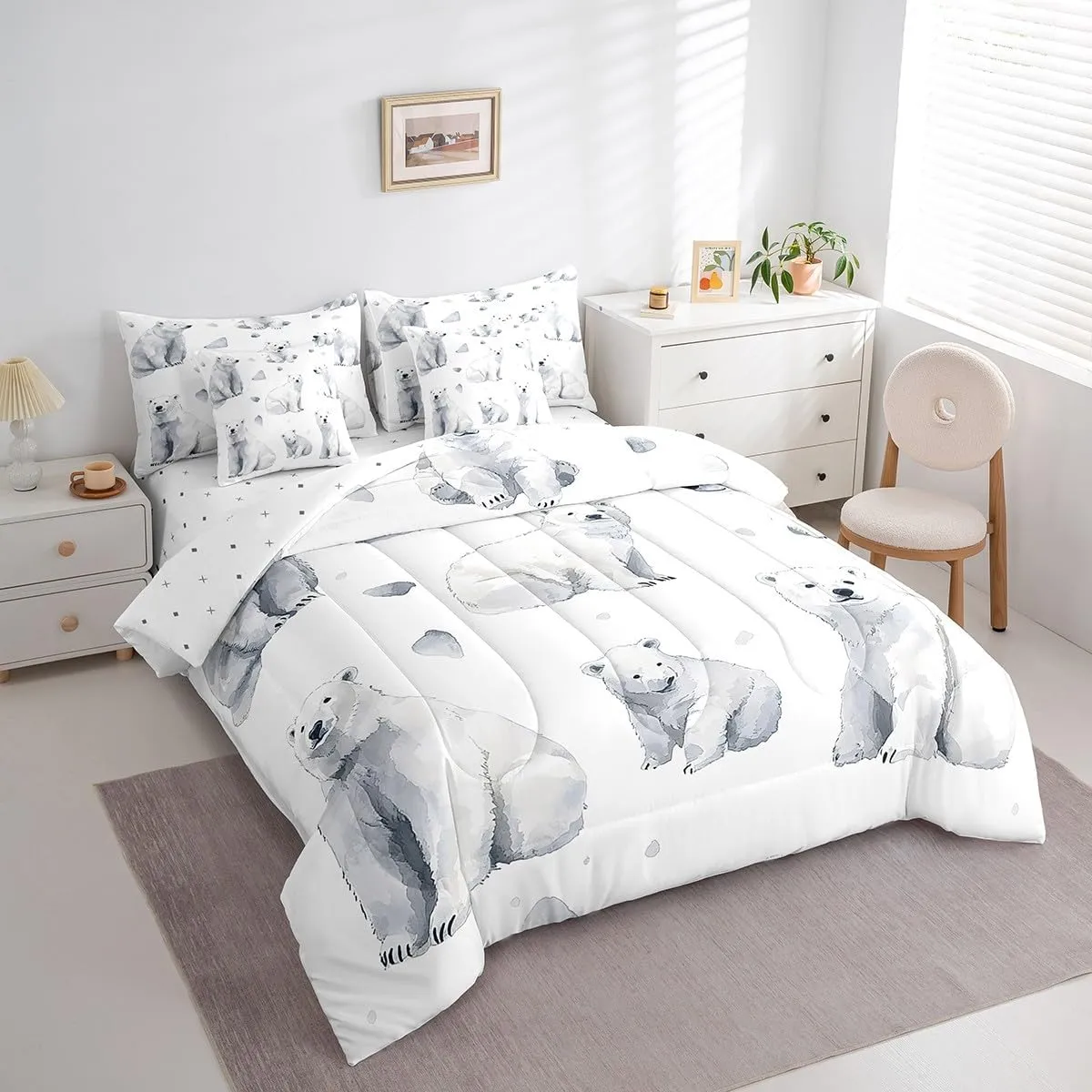 Feelyou Kids Polar Bear Comforter Set King Size 7 Pieces Boys Girls Arctic Animal Bear Bed in a Bag for Room Cute Wildlife Bedding Set Winter Bed Set with Comforter Sheets Pillowcases Pillow Cover