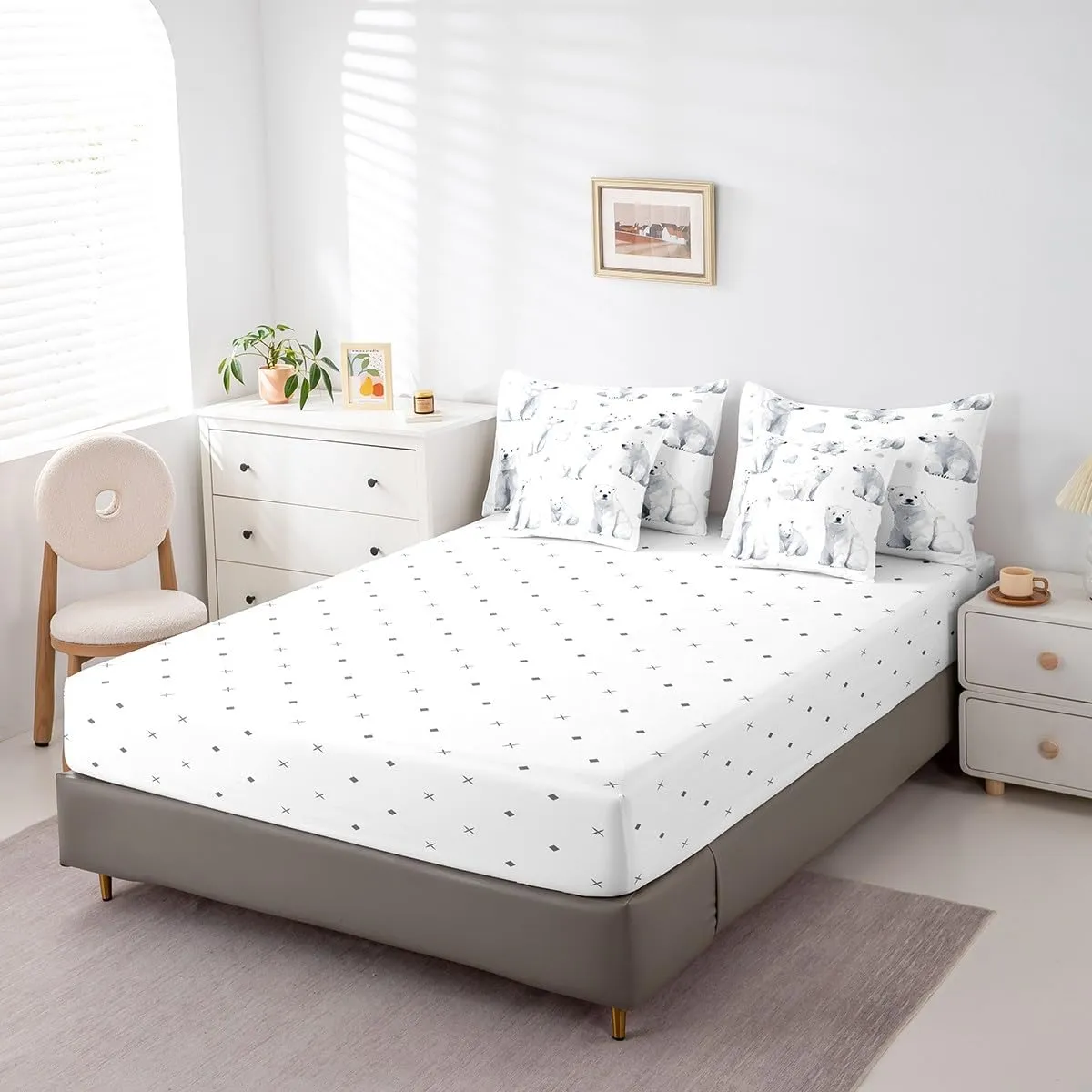 Feelyou Kids Polar Bear Comforter Set King Size 7 Pieces Boys Girls Arctic Animal Bear Bed in a Bag for Room Cute Wildlife Bedding Set Winter Bed Set with Comforter Sheets Pillowcases Pillow Cover