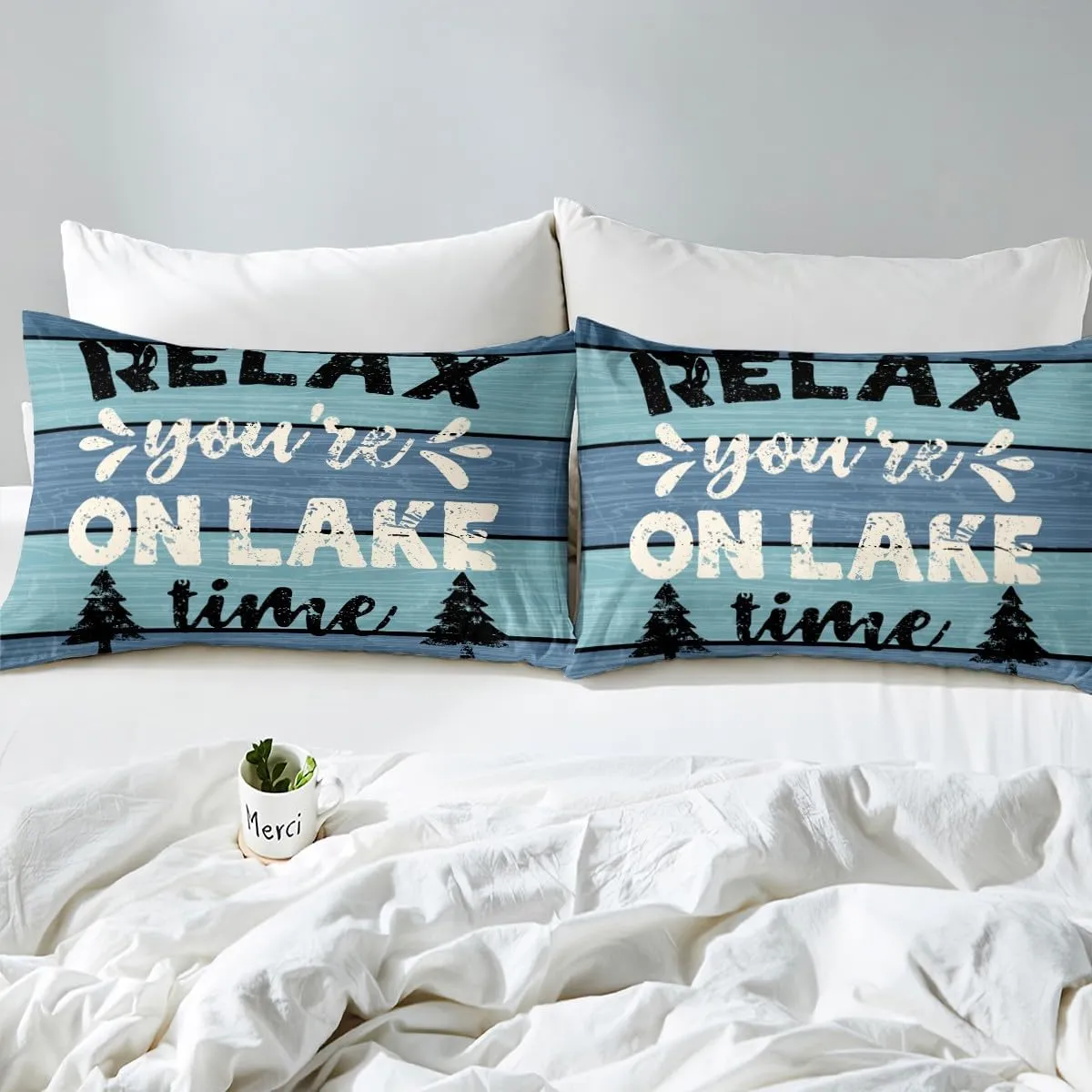Feelyou Lake House Bed Set Fishing Bed Sheets for Kids Boys Girls Camping House Sheet Set Farmhouse Wooden Stripes Bedding Sheets 1 Bed Sheets with 2 Pillowcases Queen Size