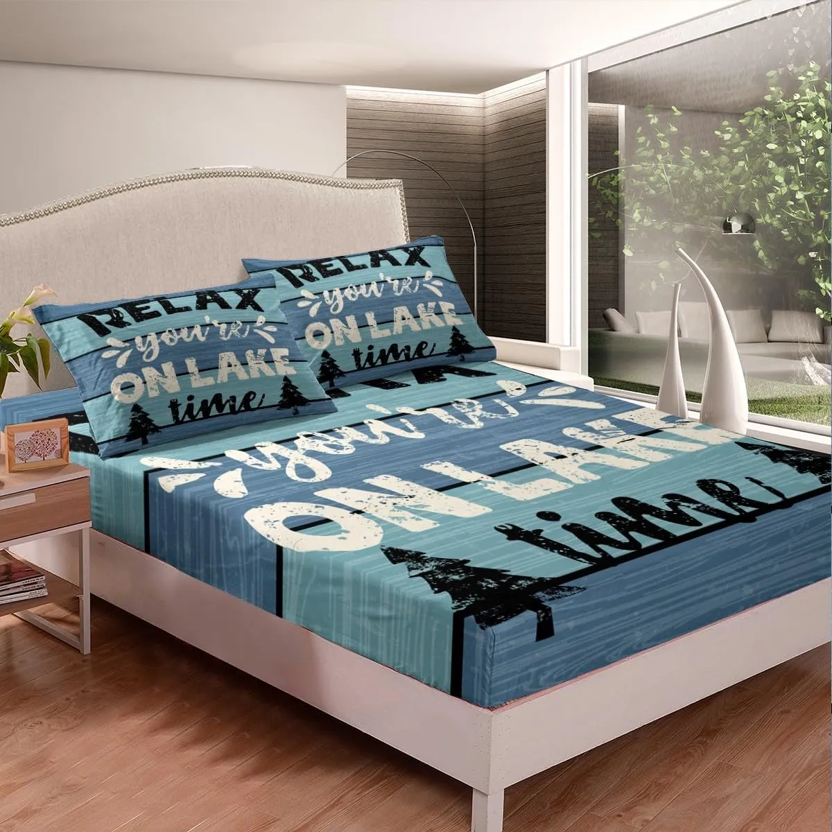 Feelyou Lake House Bed Set Fishing Bed Sheets for Kids Boys Girls Camping House Sheet Set Farmhouse Wooden Stripes Bedding Sheets 1 Bed Sheets with 2 Pillowcases Queen Size