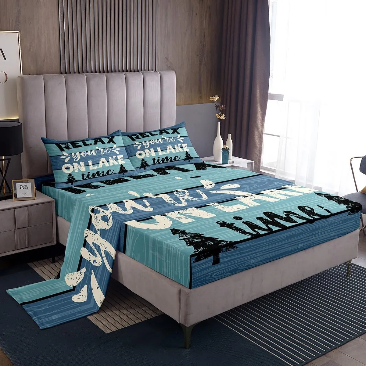 Feelyou Lake House Bed Set Fishing Bed Sheets for Kids Boys Girls Camping House Sheet Set Farmhouse Wooden Stripes Bedding Sheets 1 Bed Sheets with 2 Pillowcases Queen Size
