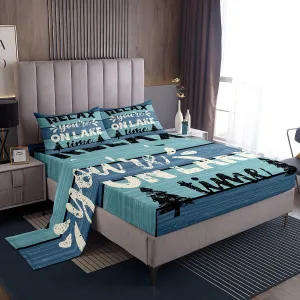 Feelyou Lake House Bed Set Fishing Bed Sheets for Kids Boys Girls Camping House Sheet Set Farmhouse Wooden Stripes Bedding Sheets 1 Bed Sheets with 2 Pillowcases Queen Size