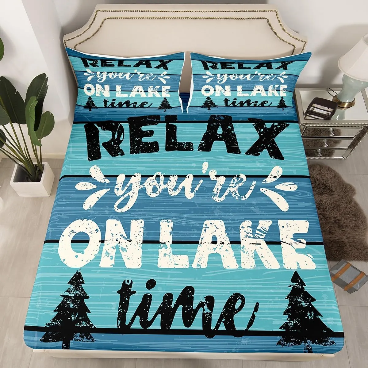 Feelyou Lake House Bed Set Fishing Bed Sheets for Kids Boys Girls Camping House Sheet Set Farmhouse Wooden Stripes Bedding Sheets 1 Bed Sheets with 2 Pillowcases Queen Size