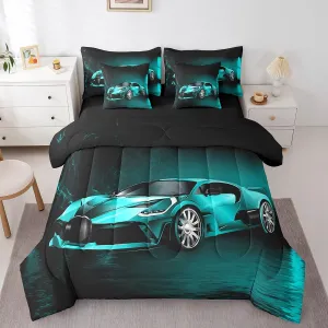 Feelyou Sports Car 7 Piece Bedding Set Teal Blue Race Car Comforter Set with Sheets for Kids Boys Girls Extreme Sports Theme Bed in a Bag Cool Speed Car Decor Bed Set with 1 Pillowcase Twin Size
