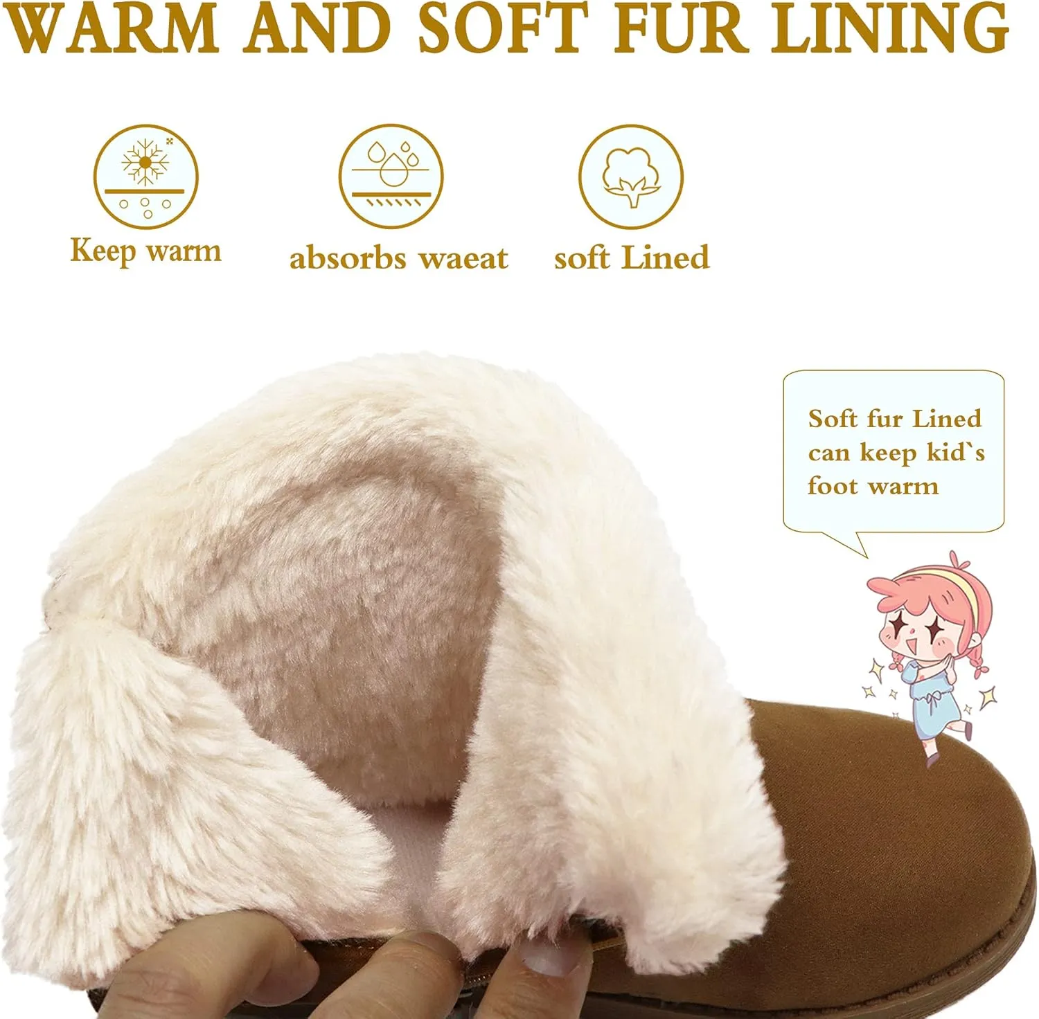 festooning Girls & Toddler' Faux Fur Shearling Style Boots, Girls Warm Winter Flat Non-Slip Zip Snow Boots for Indoor Outdoor(Toddler/Little Kid/Big Kid)