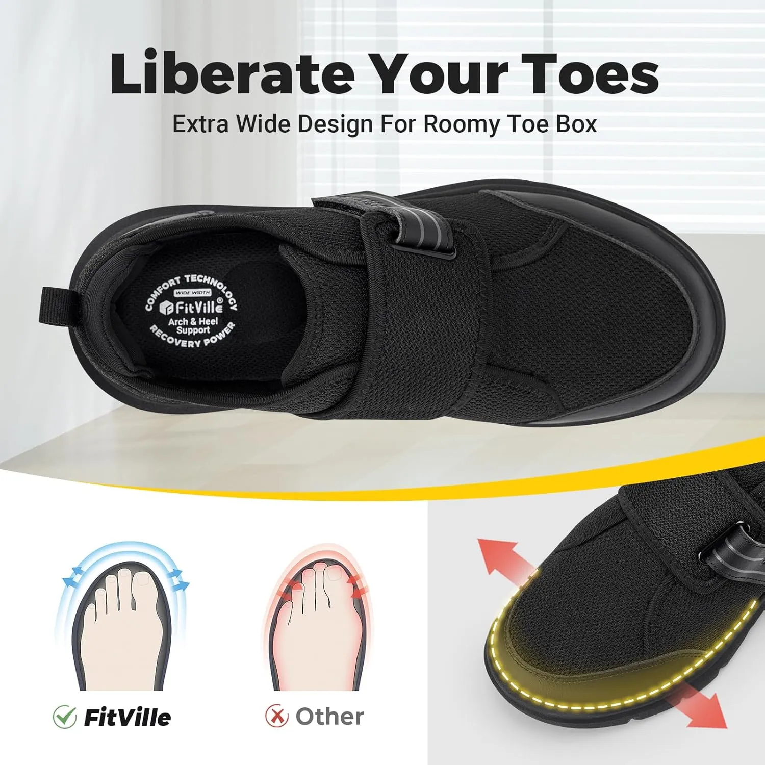 FitVille Diabetic Shoes for Men Extra Wide, Hook and Loop Walking Shoes for Elderly for Swollen Feet Foot Pain Relief Neuropathy - EasyTop V10