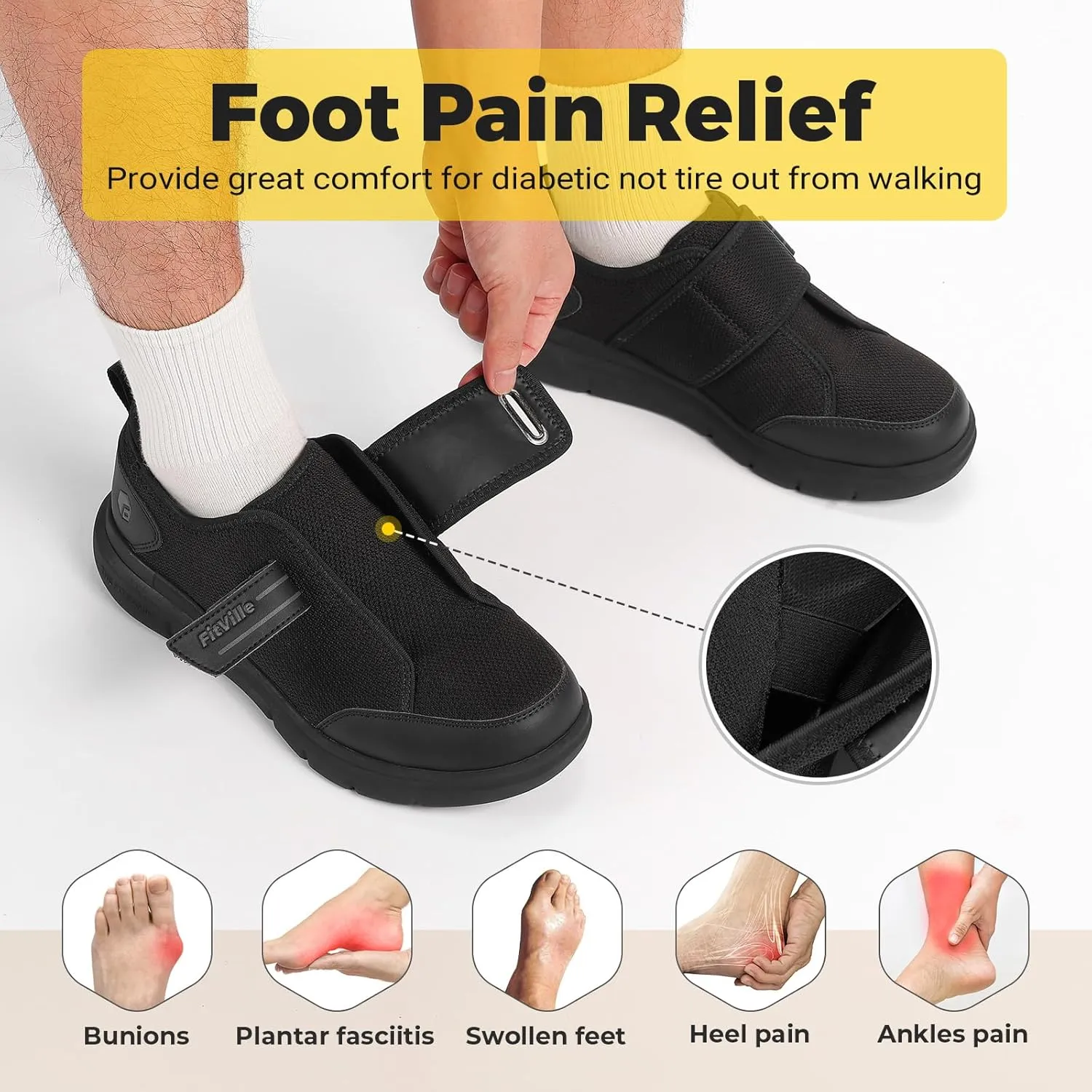 FitVille Diabetic Shoes for Men Extra Wide, Hook and Loop Walking Shoes for Elderly for Swollen Feet Foot Pain Relief Neuropathy - EasyTop V10