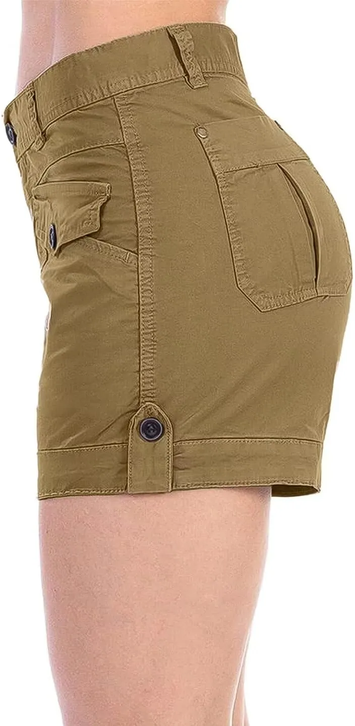 Flamingals Women's Cargo Shorts Mid Waist Trendy Summer Hiking Shorts with Flat Pocket for Women