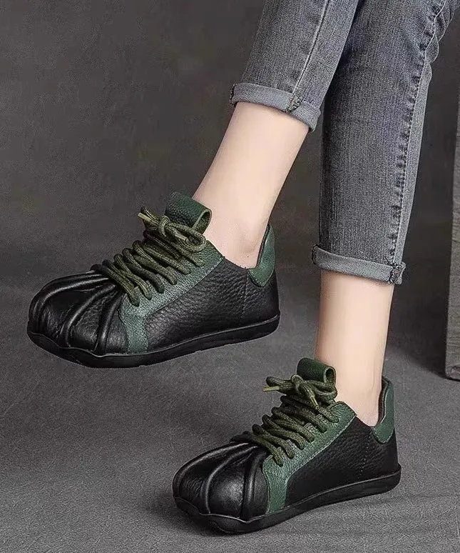 Flat Lace Green Up Cowhide Leather Splicing Vintage Shoes