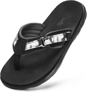 Flip Flops Boys Sandals Summer Beach Non Slip Outdoor & Intdoor Little/Big Boys Adjustable Comfortable Soft Bathroom Pool Swimming Shower Home House Sport All Black Big Kid 6