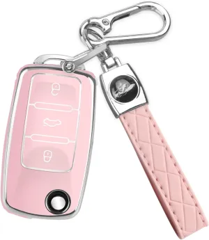 for VW Car Key Fob Cover with Keychain, Soft TPU Car Key Case Shell for Volkswagen Beetle Gti Jetta Passat Tiguan (pink)