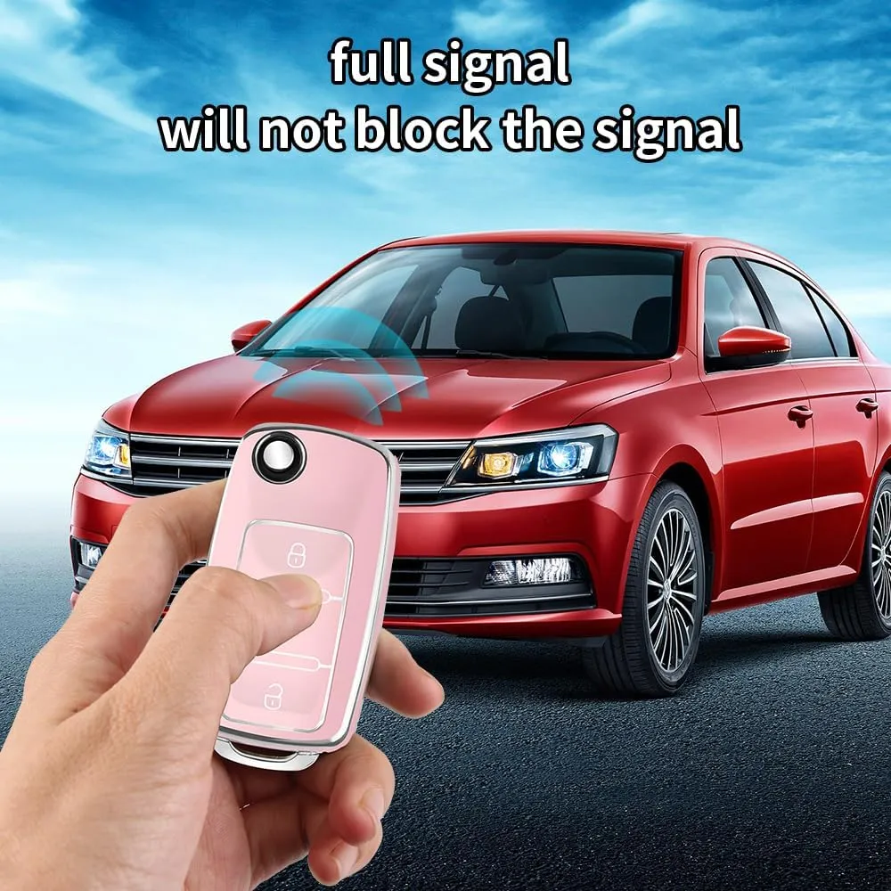 for VW Car Key Fob Cover with Keychain, Soft TPU Car Key Case Shell for Volkswagen Beetle Gti Jetta Passat Tiguan (pink)