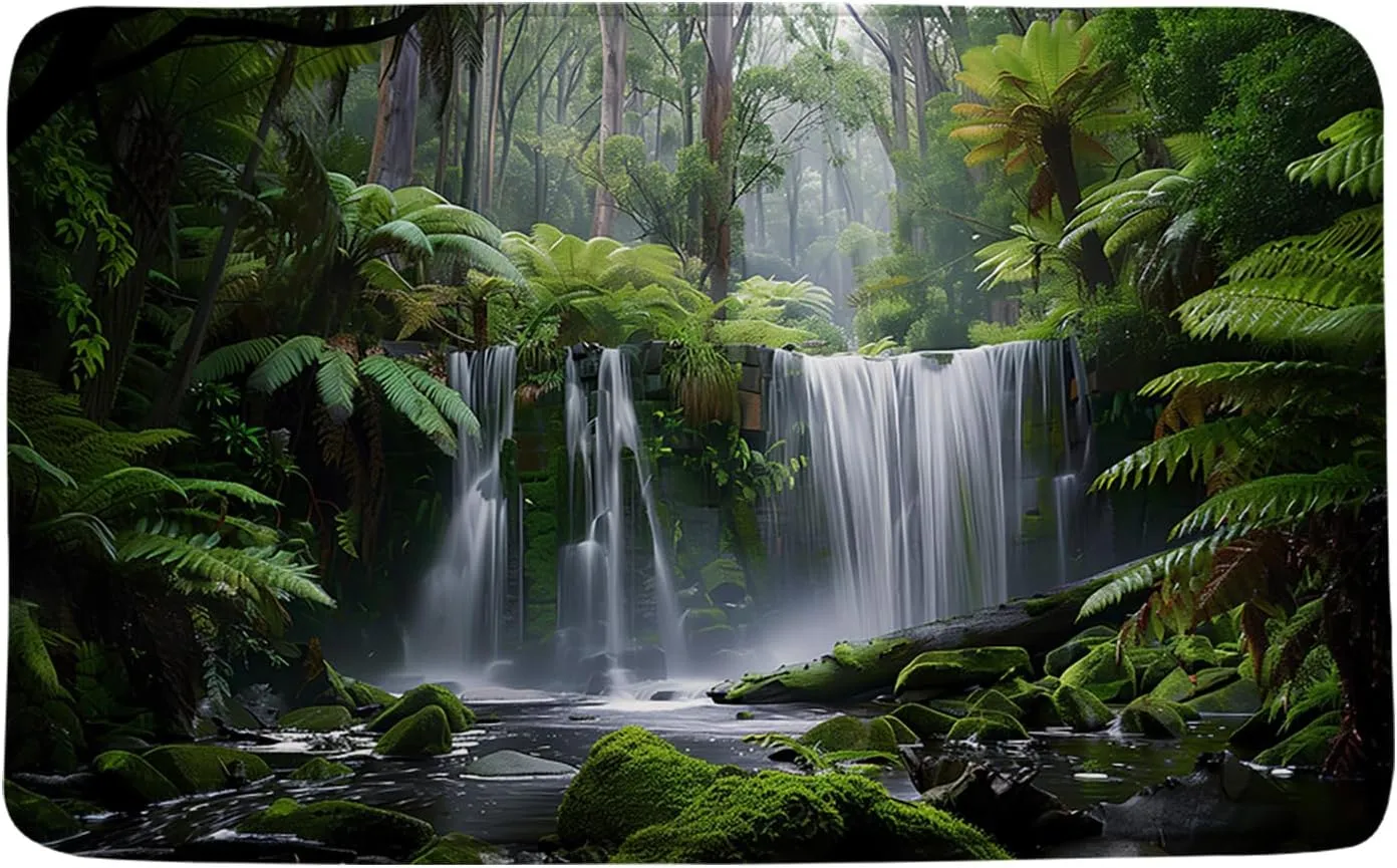Forest Waterfall Bath Mat Tropical Jungle Nature Green Plant Spring Summer Scenery Bathroom Bath Rugs Microfiber Memory Foam(24x36 Inch)