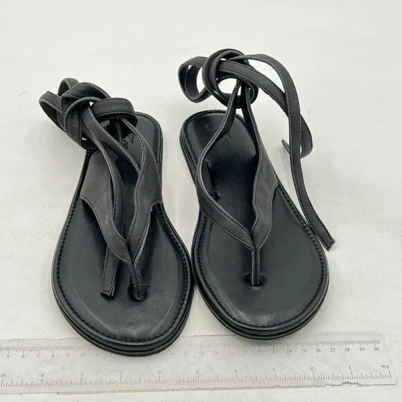 FOWT Black Split Round Toe Sandals Lace up Strappy Soft Flip Flop Casual Flats