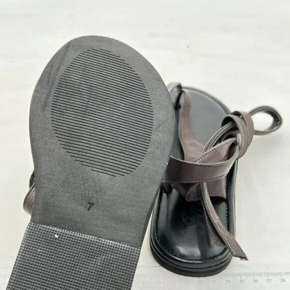 FOWT Dark Brown Split Round Toe Sandals Lace up Strappy Soft Flip Flop Flats