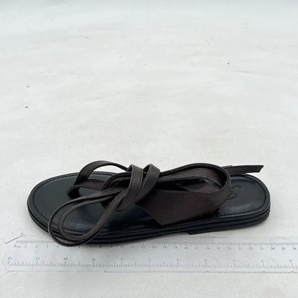 FOWT Dark Brown Split Round Toe Sandals Lace up Strappy Soft Flip Flop Flats