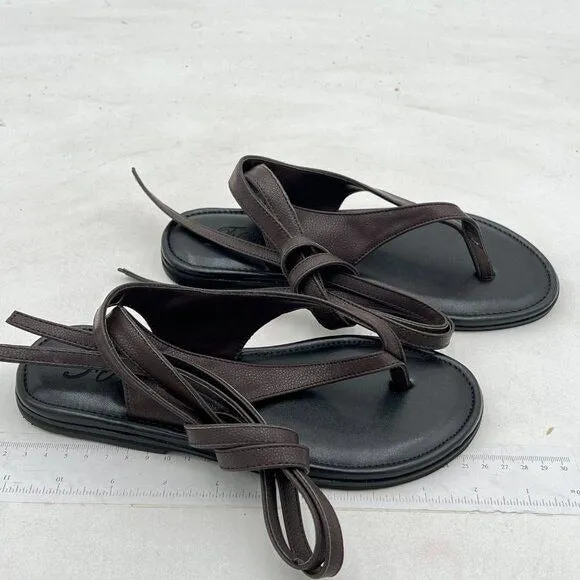 FOWT Dark Brown Split Round Toe Sandals Lace up Strappy Soft Flip Flop Flats
