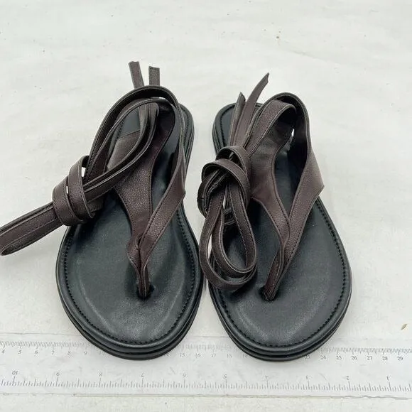 FOWT Dark Brown Split Round Toe Sandals Lace up Strappy Soft Flip Flop Flats