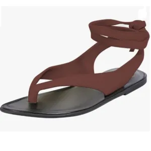 FOWT Wine Split Round Toe Sandals Lace up Strappy Soft Flip Flop Casual Flats