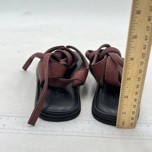 FOWT Wine Split Round Toe Sandals Lace up Strappy Soft Flip Flop Casual Flats