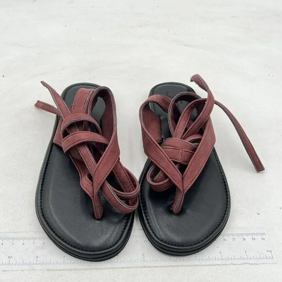 FOWT Wine Split Round Toe Sandals Lace up Strappy Soft Flip Flop Casual Flats