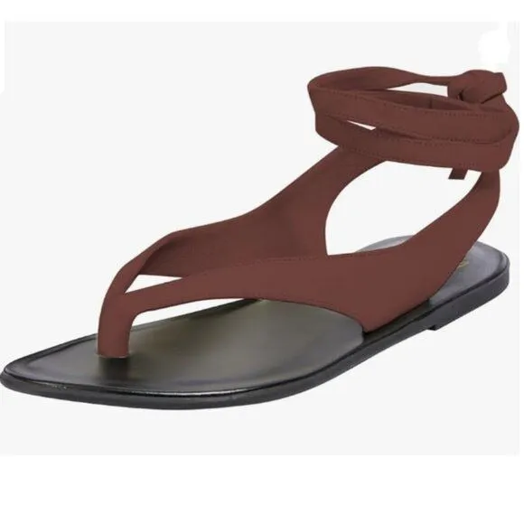 FOWT Wine Split Round Toe Sandals Lace up Strappy Soft Flip Flop Casual Flats