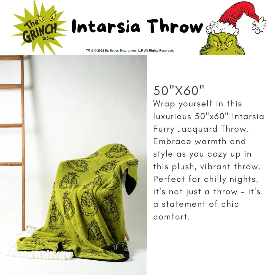 Franco Dr. Seuss Grinch Holiday & Christmas Bedding Soft Cozy Chic Dreams Feather Knit Intarsia Throw Blanket, 50 in x 60 in, (Officially Licensed Product) Collectibles