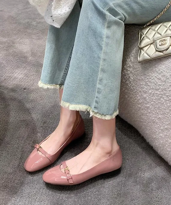 French Pink Faux Leather Flat Feet Shoes Splicing