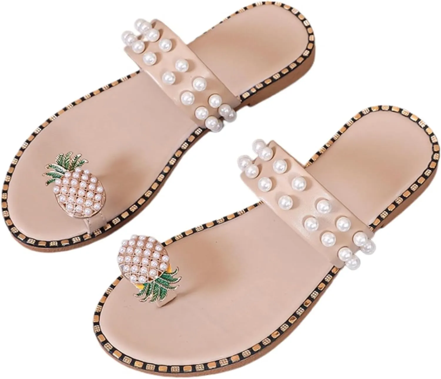 Fruit Toe-Post Sandals for Women Cute Yellow Slippers With Pearl Pineapple Flat Sandals Outdoor Summer