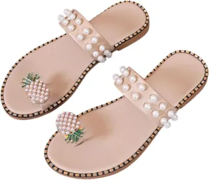 Fruit Toe-Post Sandals for Women Cute Yellow Slippers With Pearl Pineapple Flat Sandals Outdoor Summer