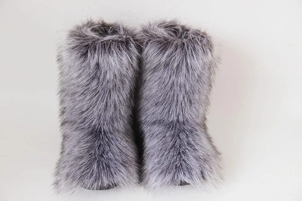 Gegefur Women's Faux fur Boot Furry Fluffy Short Snow Boot Mid-Calf Boots Warm Comfortable Outdoor Flat Shoes