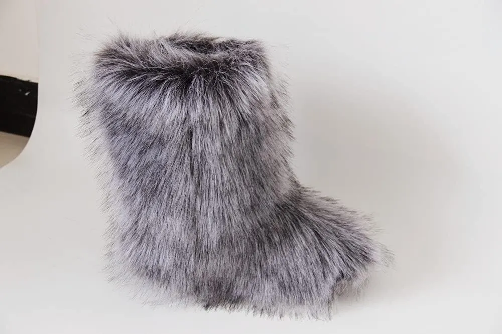 Gegefur Women's Faux fur Boot Furry Fluffy Short Snow Boot Mid-Calf Boots Warm Comfortable Outdoor Flat Shoes