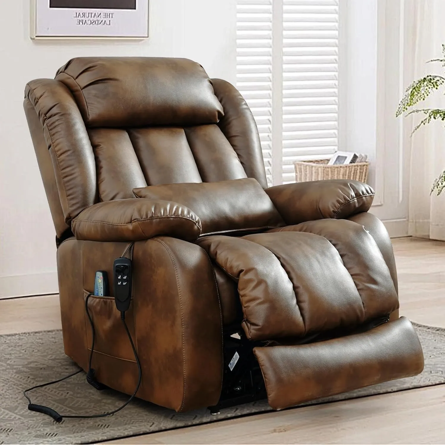 Genuine Leather Power Lift Recliner Chair Massage Adjustable for Elderly Dual Motor Lift Sofa Infinite Reclining Chair High Back Living Room Theater Seating