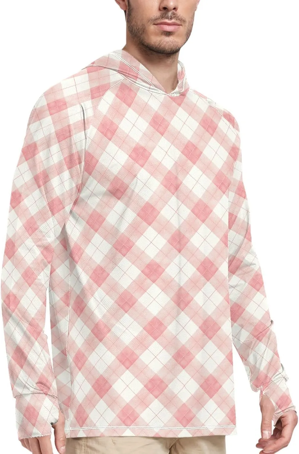 Gingham Mens Sun Shirts Protection Long Sleeve Sun Shirt with Hood UPF 50  Adult Rash Guards Rash Guard Men
