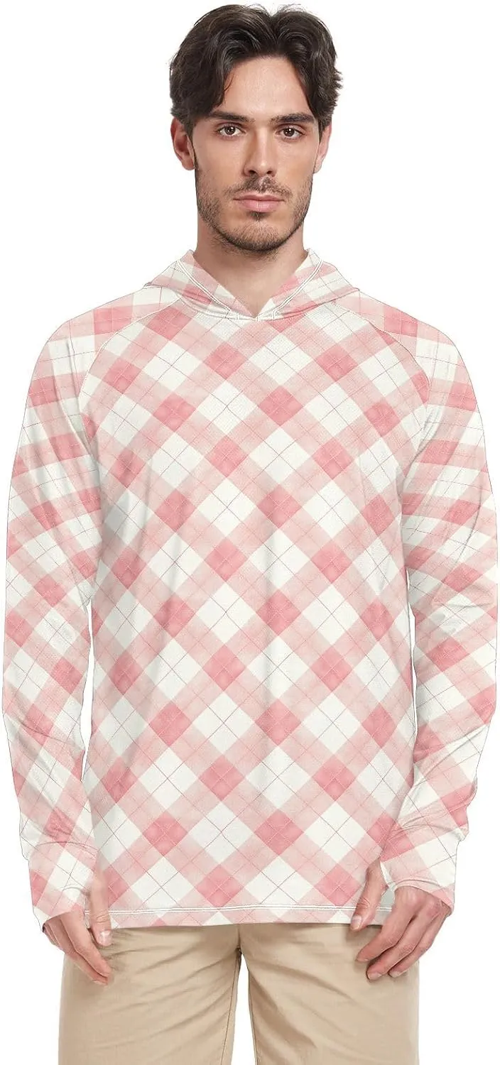 Gingham Mens Sun Shirts Protection Long Sleeve Sun Shirt with Hood UPF 50  Adult Rash Guards Rash Guard Men