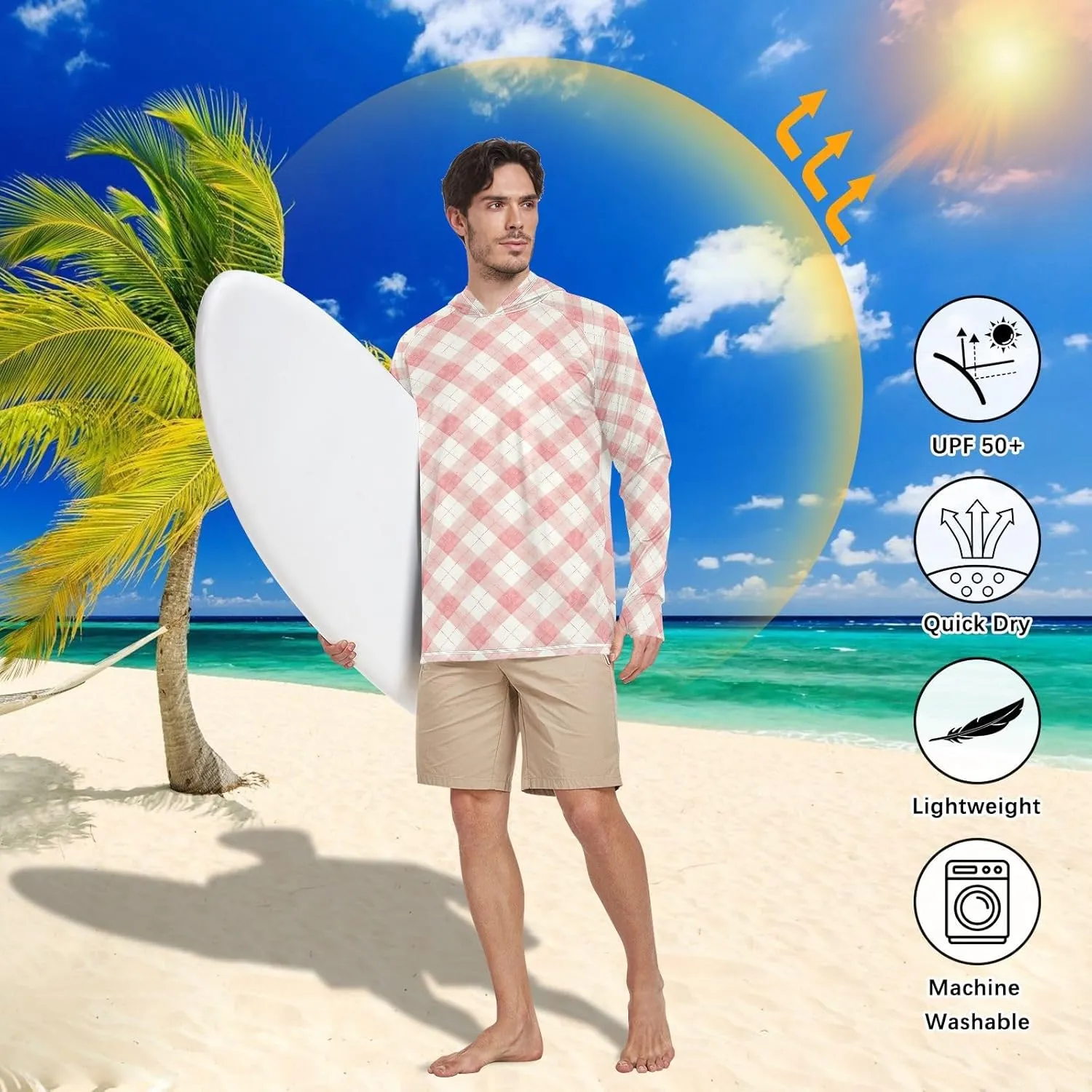 Gingham Mens Sun Shirts Protection Long Sleeve Sun Shirt with Hood UPF 50  Adult Rash Guards Rash Guard Men