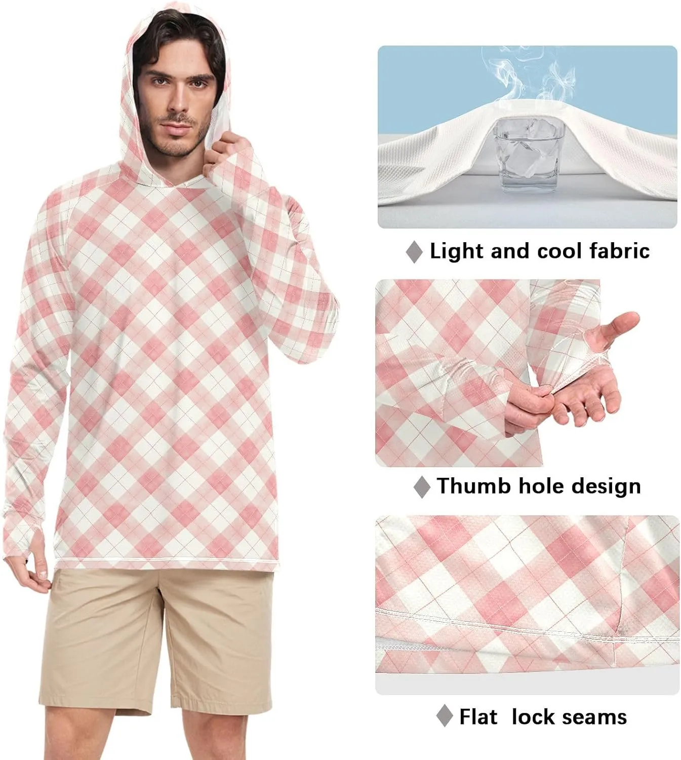 Gingham Mens Sun Shirts Protection Long Sleeve Sun Shirt with Hood UPF 50  Adult Rash Guards Rash Guard Men