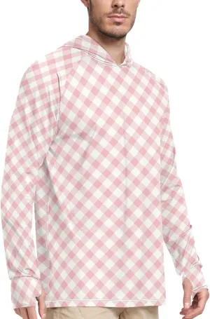Gingham Plaid Men's Sun Protection Hoodie Long Sleeve UPF 50   Mens Sun Shirts Cooling Hoodies Rash Guard for Men
