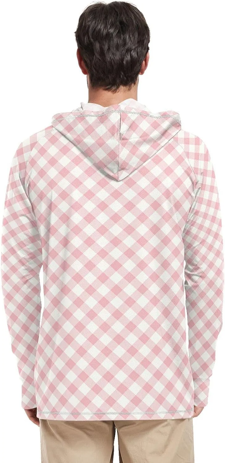 Gingham Plaid Men's Sun Protection Hoodie Long Sleeve UPF 50   Mens Sun Shirts Cooling Hoodies Rash Guard for Men