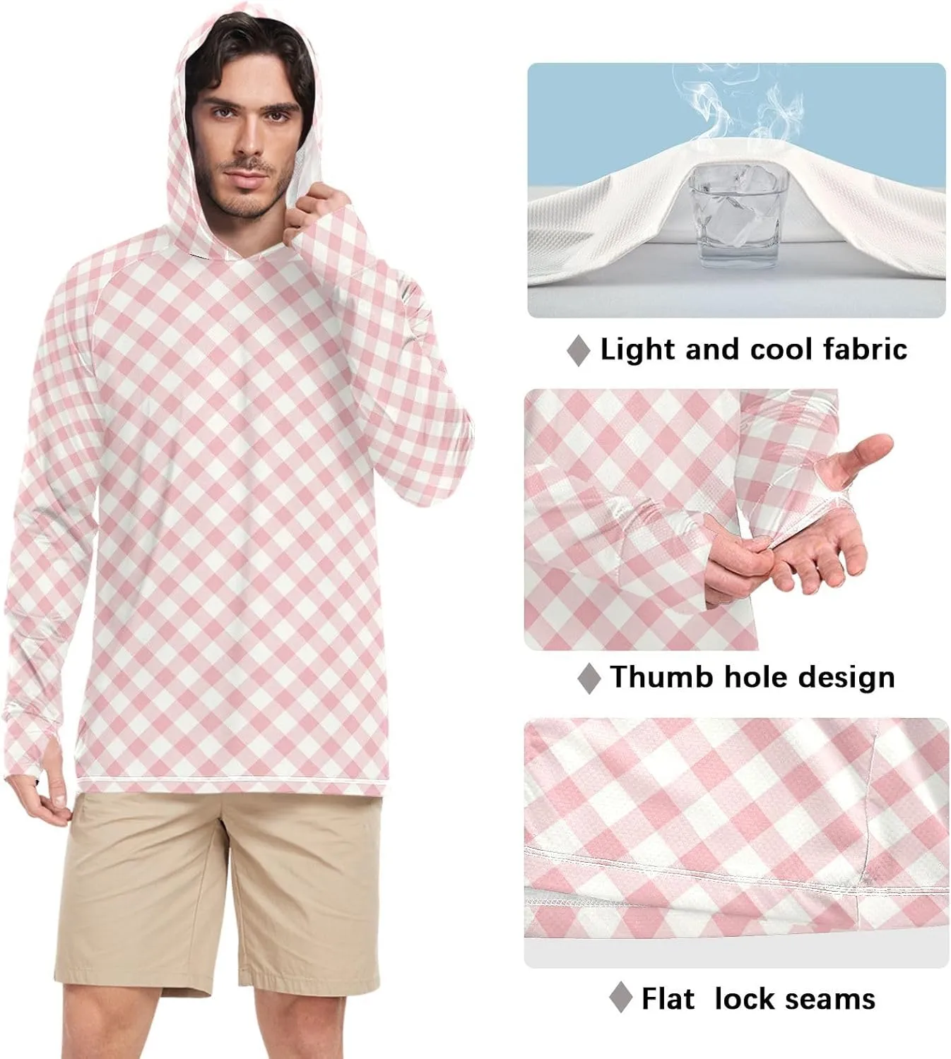Gingham Plaid Men's Sun Protection Hoodie Long Sleeve UPF 50   Mens Sun Shirts Cooling Hoodies Rash Guard for Men