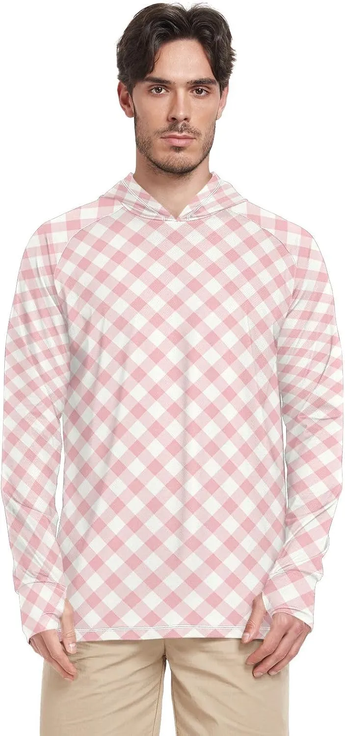 Gingham Plaid Men's Sun Protection Hoodie Long Sleeve UPF 50   Mens Sun Shirts Cooling Hoodies Rash Guard for Men