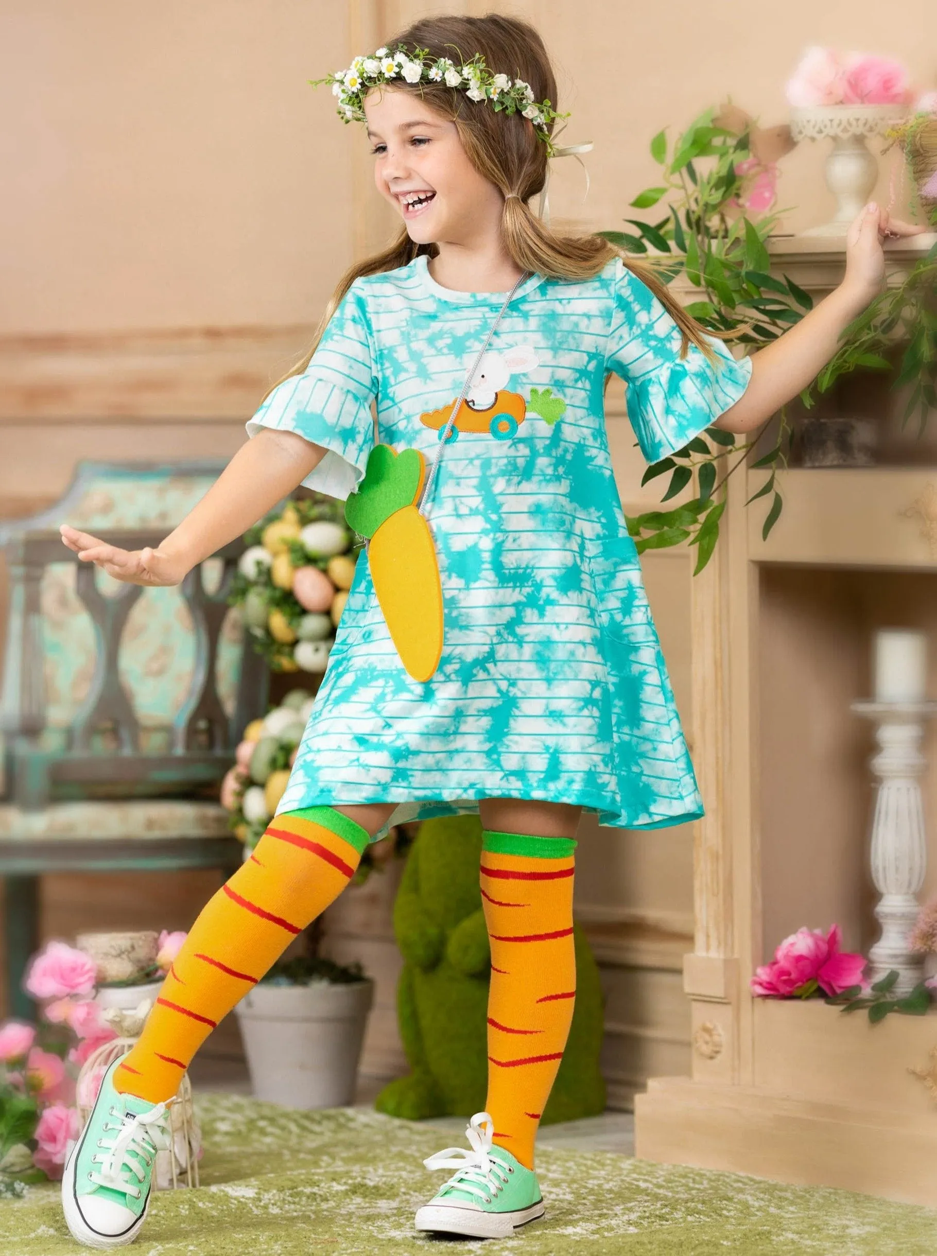 Girls Totally Tie Dye Bunny Dress with Socks and Purse Set
