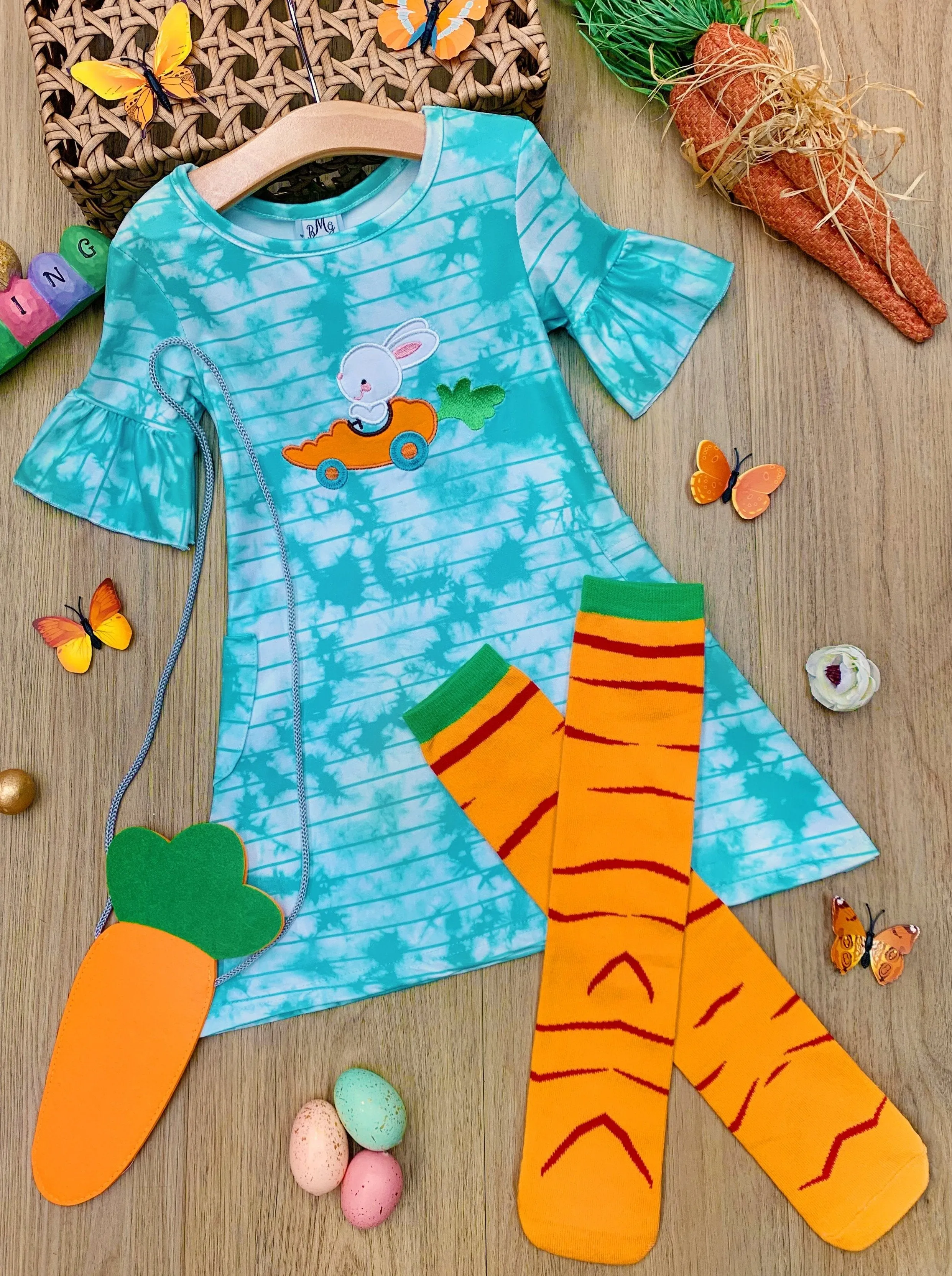 Girls Totally Tie Dye Bunny Dress with Socks and Purse Set