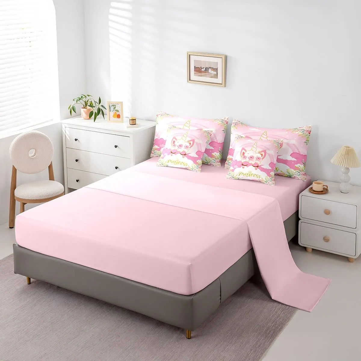 Girls Women Unicorn Comforter Set 7 Pieces,Pink Princess Flowers Bed Set for Kids,Golden Unicorn Animal Bedding Bed in a Bag,Full (1 Comforter,2 Pillowcase,2 Pillow Covers,1 Flat Sheet,1 Fitted Sheet)