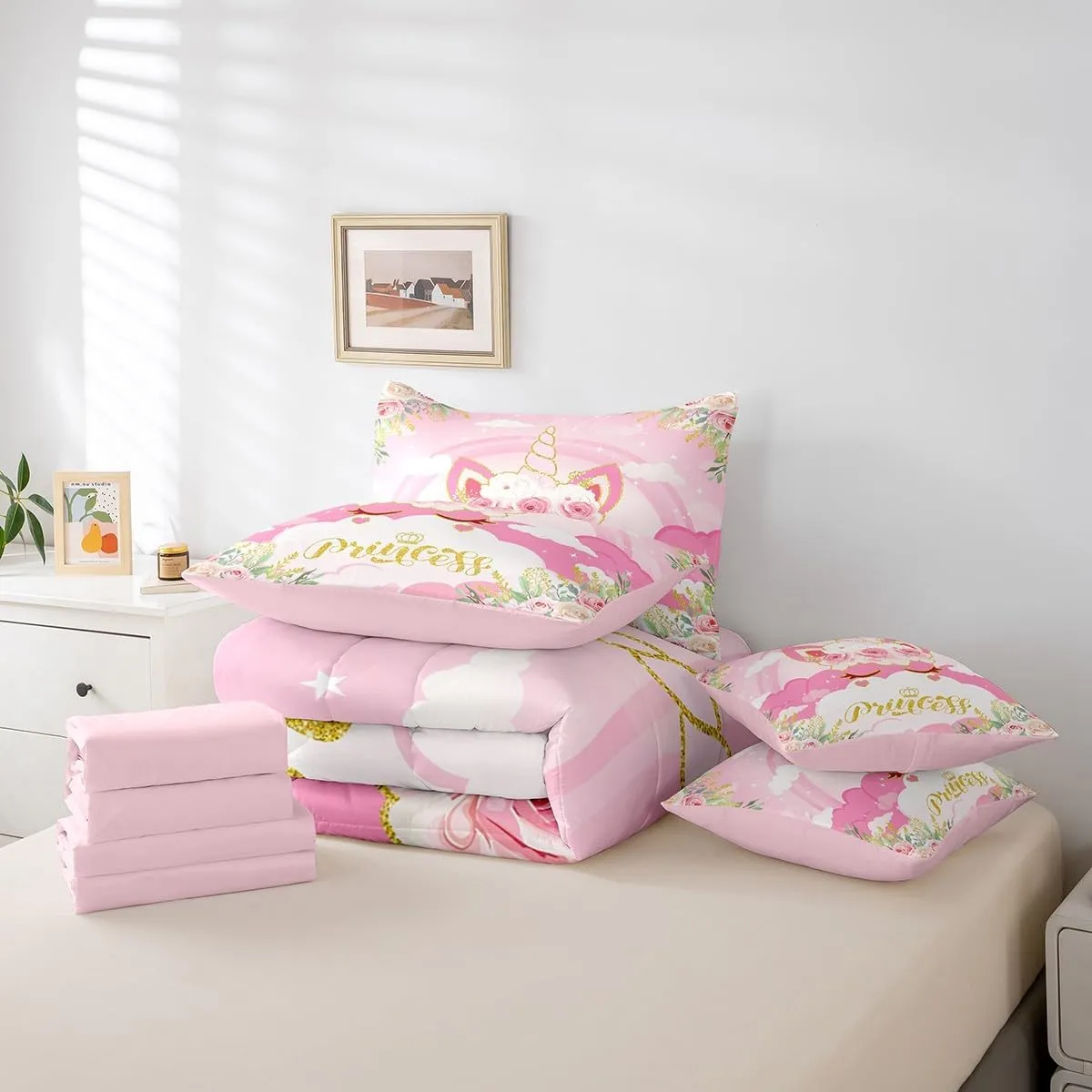 Girls Women Unicorn Comforter Set 7 Pieces,Pink Princess Flowers Bed Set for Kids,Golden Unicorn Animal Bedding Bed in a Bag,Full (1 Comforter,2 Pillowcase,2 Pillow Covers,1 Flat Sheet,1 Fitted Sheet)
