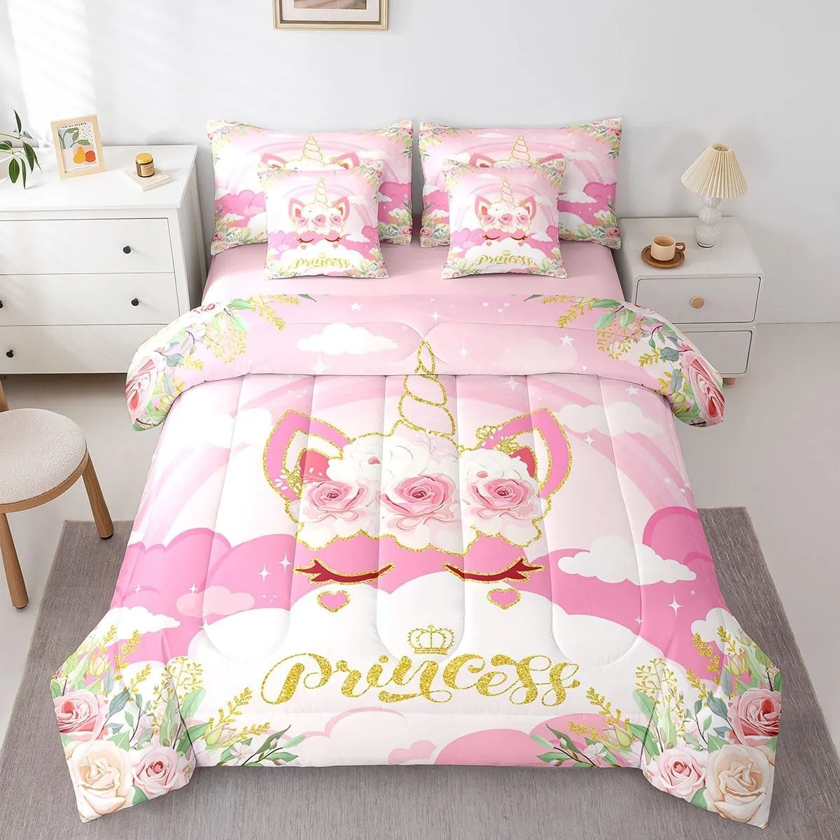 Girls Women Unicorn Comforter Set 7 Pieces,Pink Princess Flowers Bed Set for Kids,Golden Unicorn Animal Bedding Bed in a Bag,Full (1 Comforter,2 Pillowcase,2 Pillow Covers,1 Flat Sheet,1 Fitted Sheet)