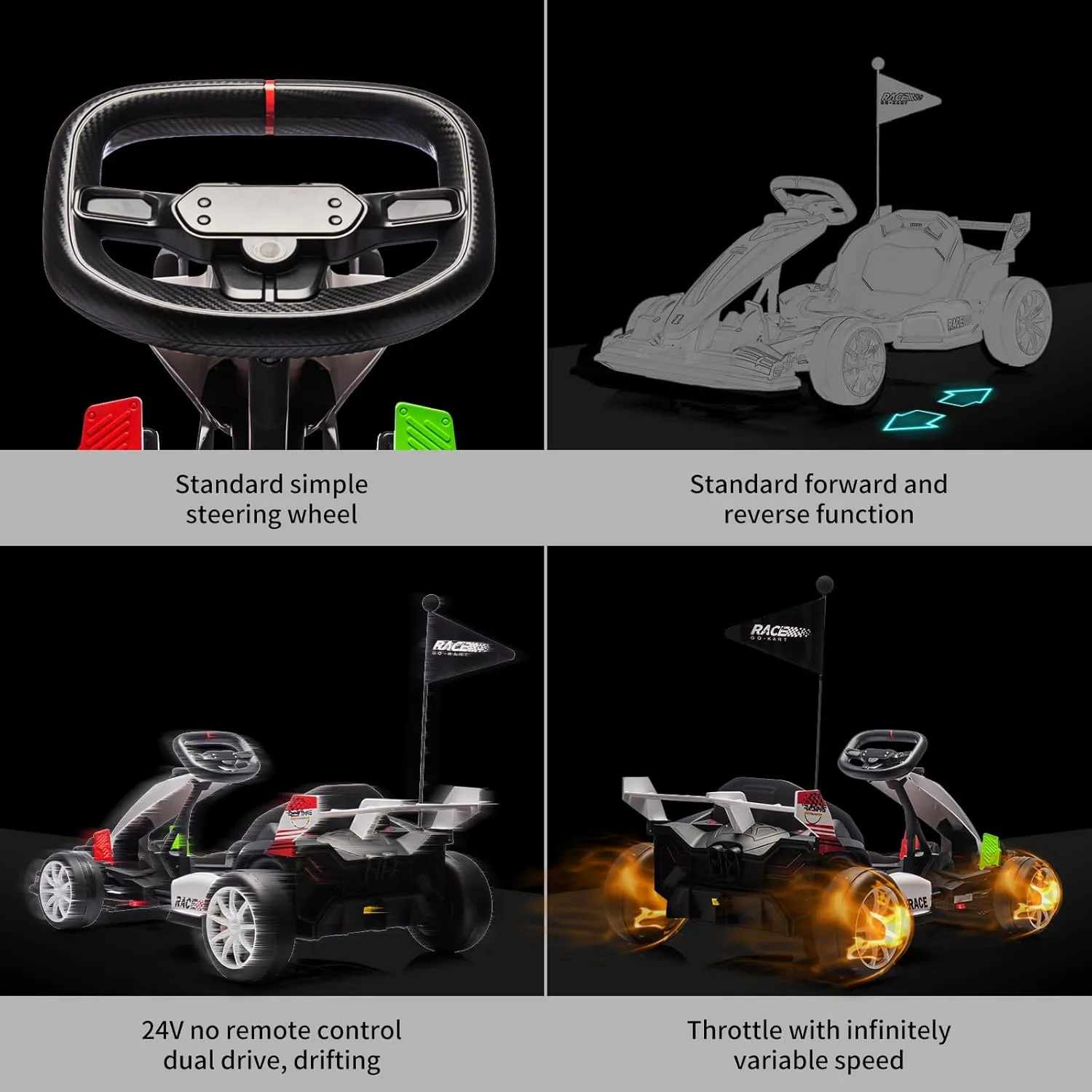 Go Kart Electric Drift Kart Car with Adjustable Seat, 24V Outdoor Ride On Toy with Variable Speed Mode, Crazy Cart for Kids 6  Years Old, High-Speed Racing and Immersive Gaming Combo for Big Kids